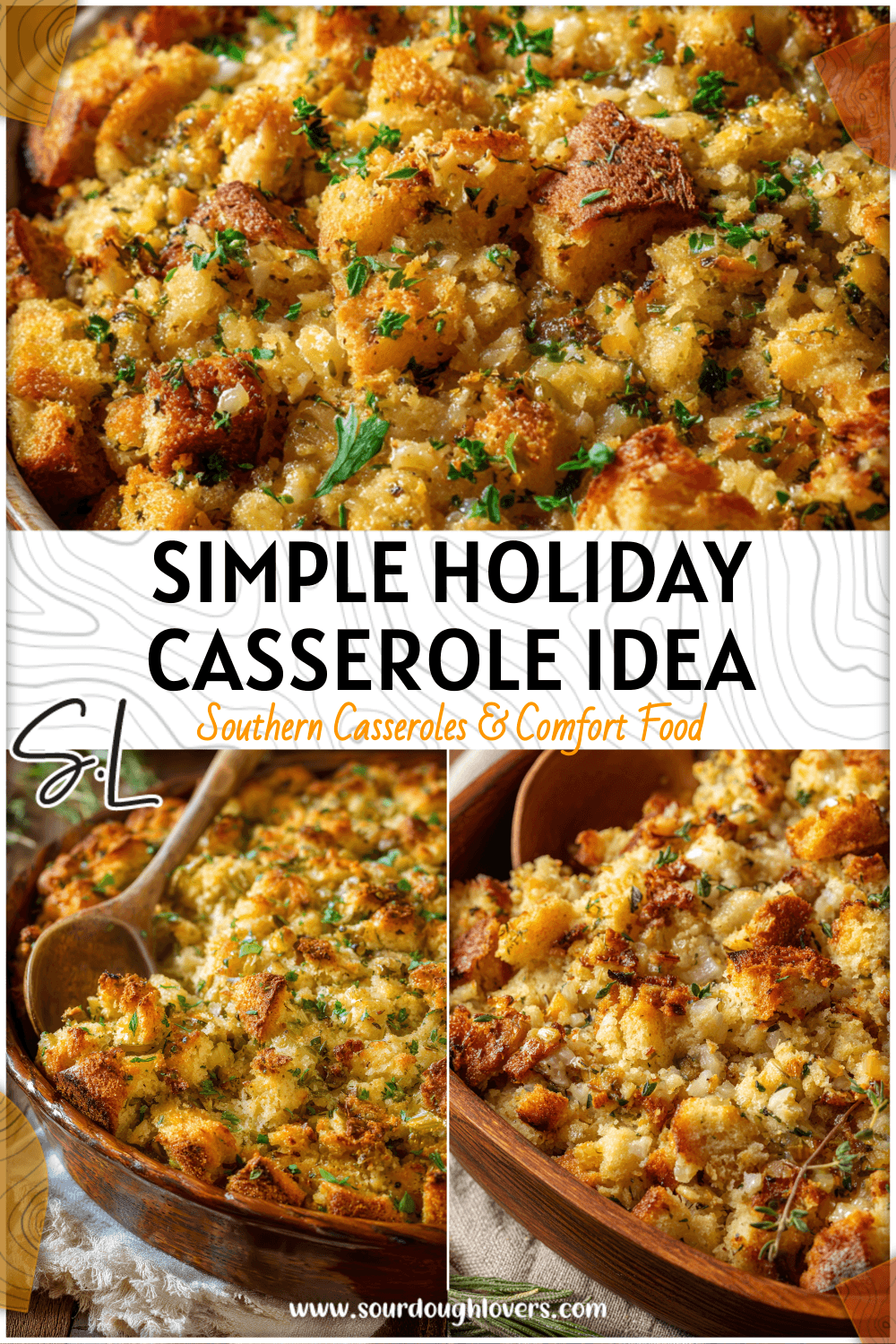 Bubbly stuffing and rice casserole with golden top served in a rustic baking dish